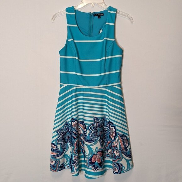 WOMEN'S "As U Wish" Teal & White, Fit & Flare, Racerback Short Dress; Size L - Picture 1 of 6